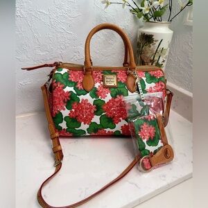 Dooney & Bourke 3 Piece Set Red Hydrangea Floral Satchel Crossbody Handbag New